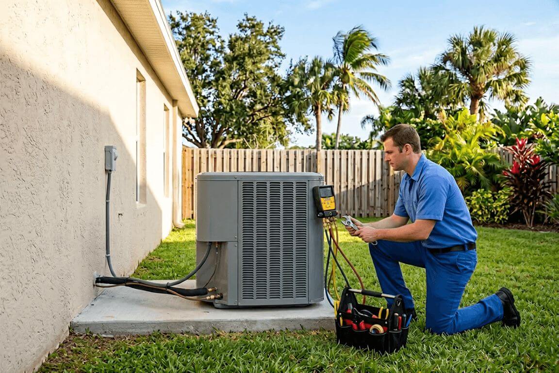 HVAC tech in Highlands County, Florida using manifold gauges to service an outdoor AC unit on a residential lawn.
