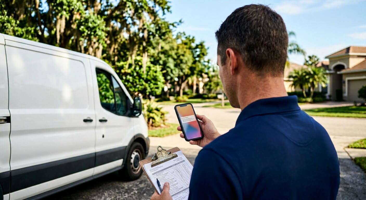Professional technician in Highlands, Florida, getting a lead on mobile via sms and clipboard to manage a service call next to a white utility van.