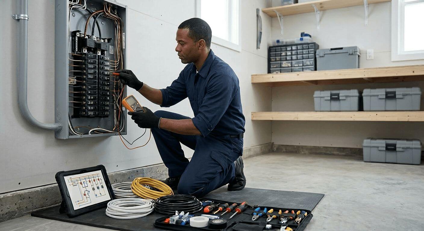 Electrician in Highlands County, Florida using a multimeter to test a home circuit breaker panel in a garage.