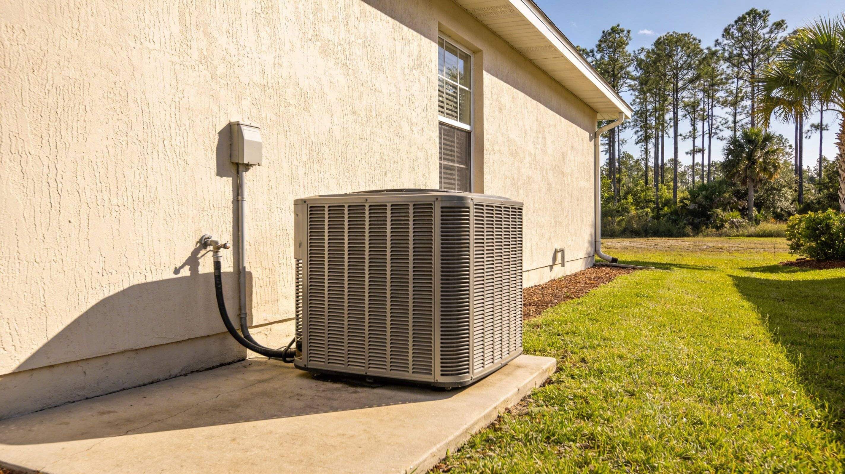 Outdoor HVAC condenser unit installed beside a stucco home in Highlands County, Florida, surrounded by pine trees and subtropical landscaping