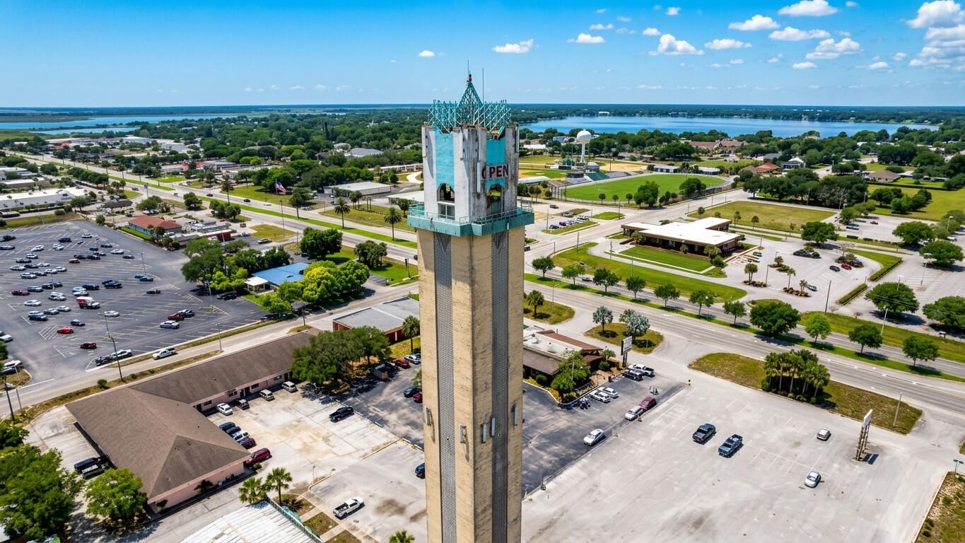 Aerial view of Lake Placid, Florida, featuring the historic Happiness Tower with a scenic lake in the background.
