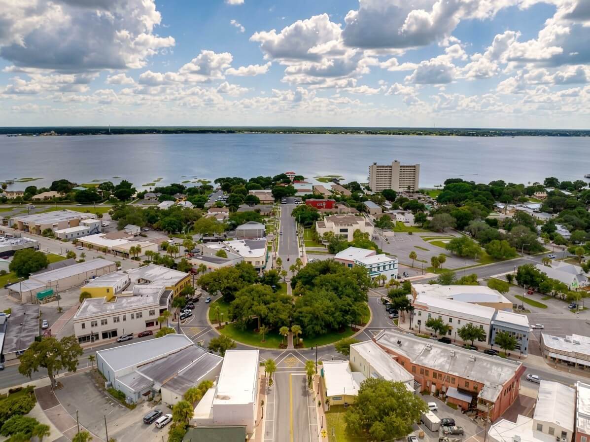 Aerial view of downtown Sebring, Florida, featuring the City Pier and Lake Jackson under a cloudy blue sky.