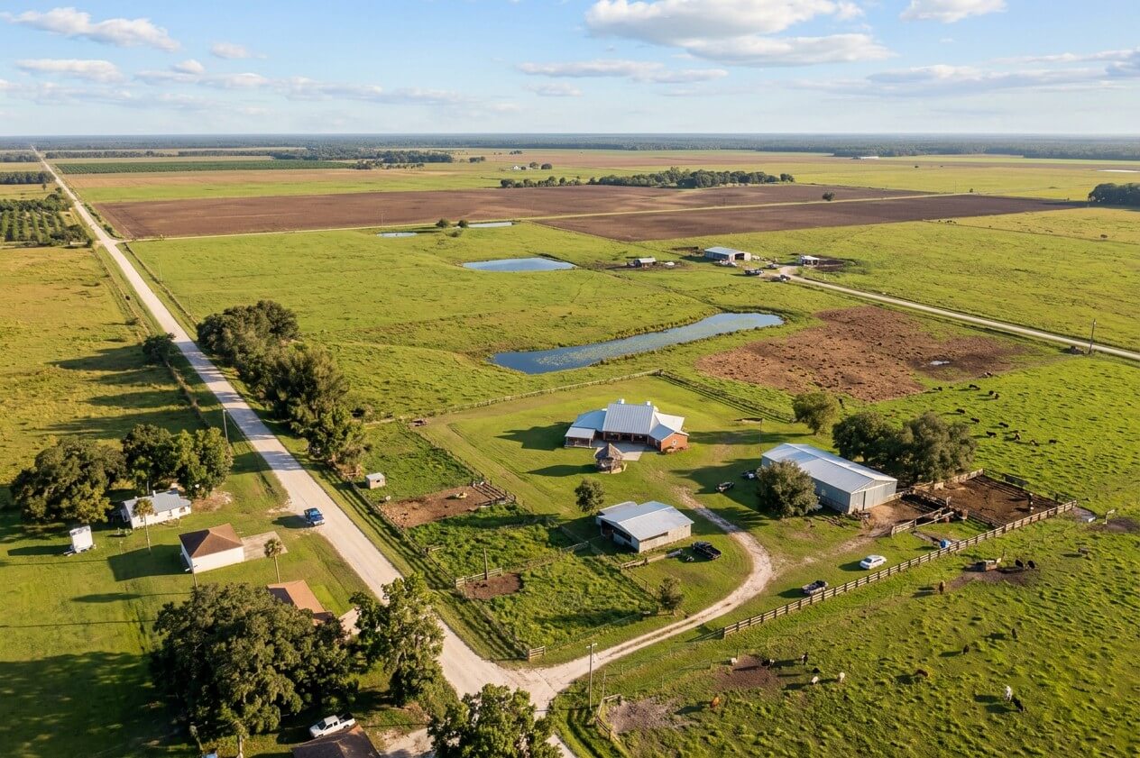 Aerial view of Venus, Florida, showing a rural ranch, farm buildings, and vast agricultural pastures under a blue sky.