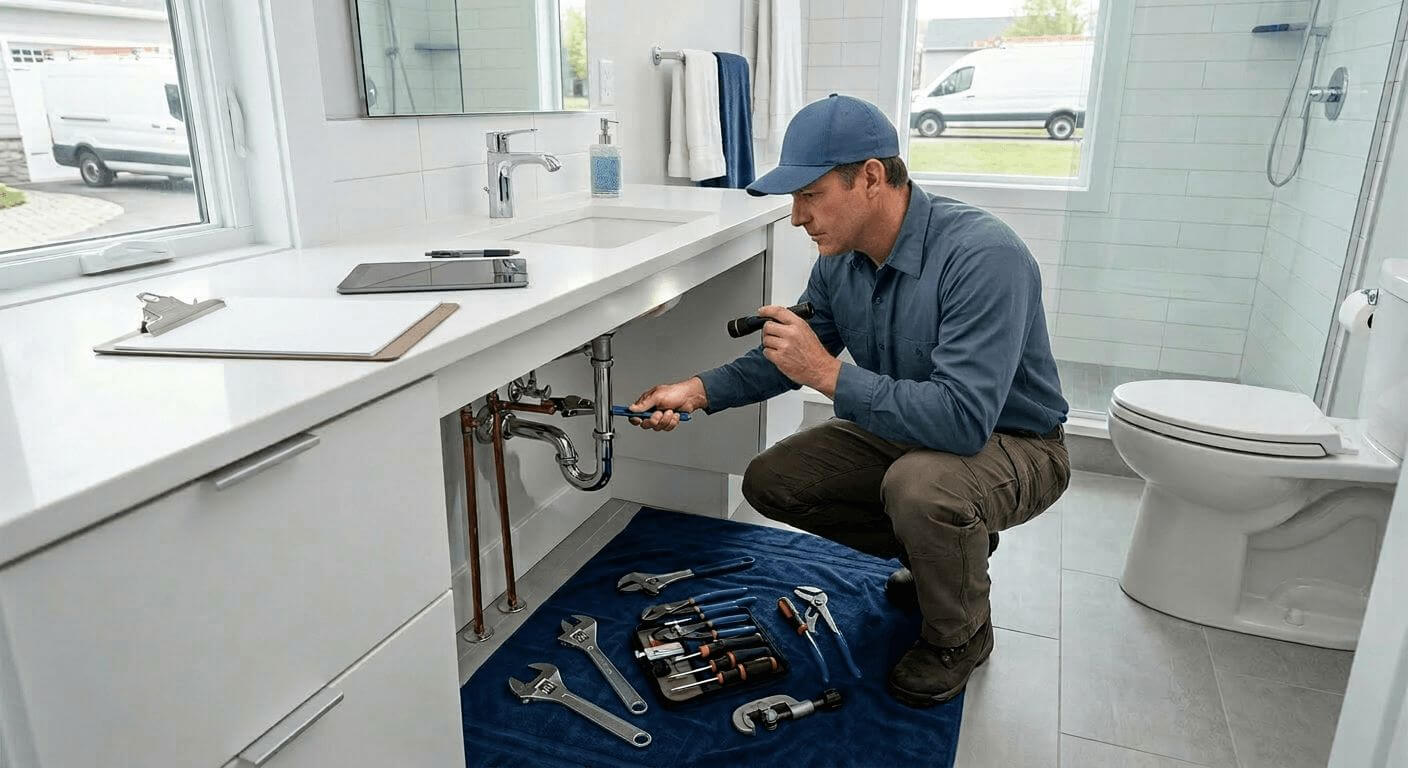 Plumber in Highlands County, Florida using a flashlight to inspect pipes under a white bathroom vanity sink.