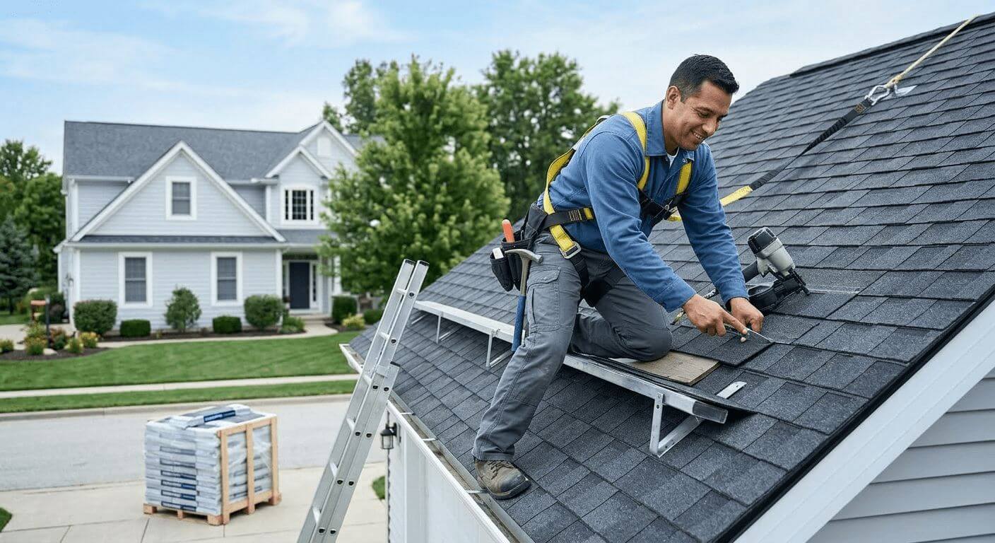 Roofer in Highlands County, Florida wearing a safety harness while installing shingles with a pneumatic nail gun.